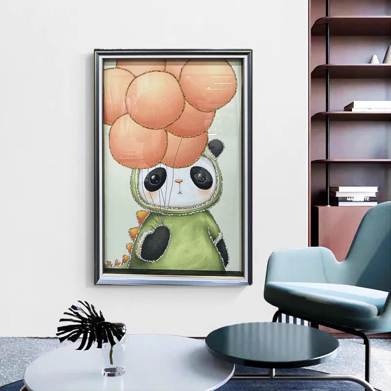 DF245轻奢餐厅装饰画单幅实物画卡通小熊猫客厅沙发背景装饰画