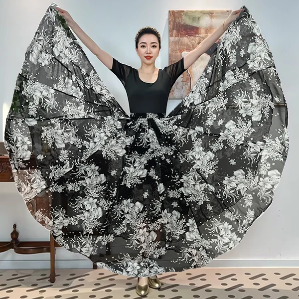 A《银浅意浓》精梳捻丝混纺满铺花百搭全松紧腰大摆半身裙带衬裙