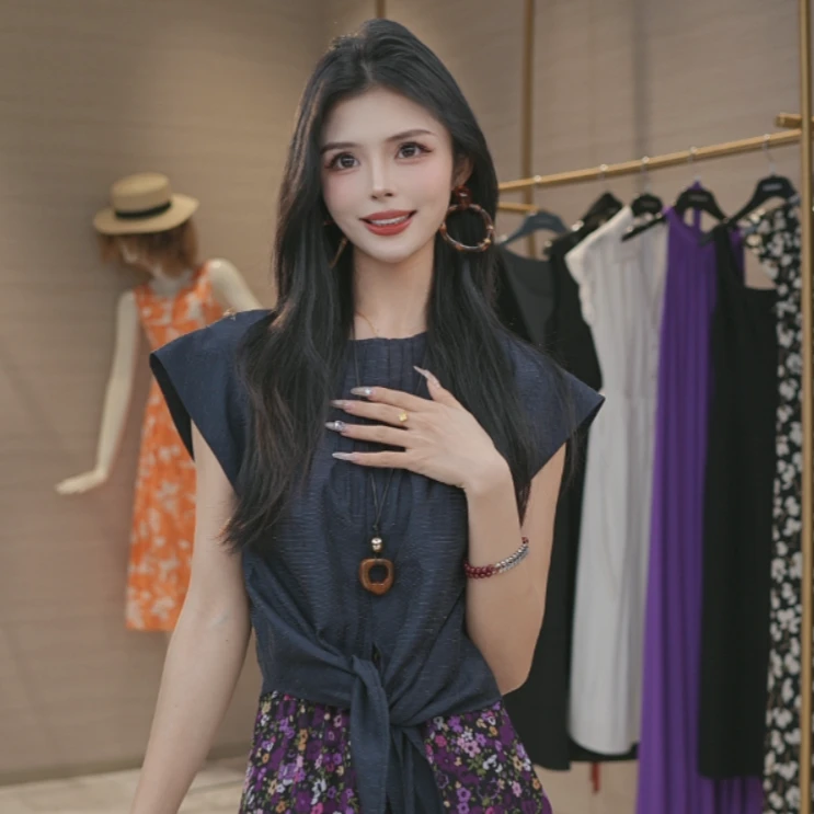 GIRDEAR/哥弟新款法式衬衫钢琴褶优雅系带高级感束腰短衫130024