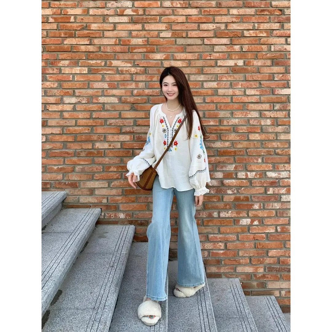 夏装搭配一整套大码胖mm民族风刺绣衬衫牛仔裤盐系轻熟两件套装女