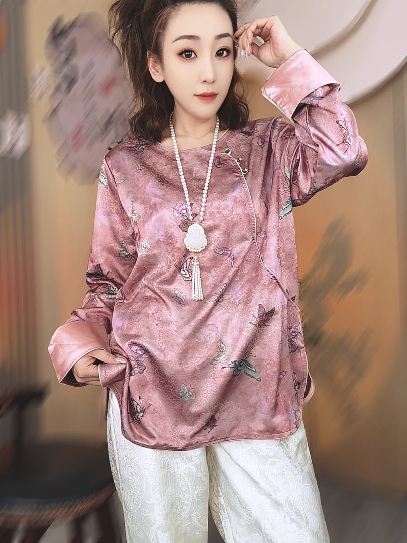 新中式粉色印花衬衫国风女装新款高级感小众盘扣唐装上衣