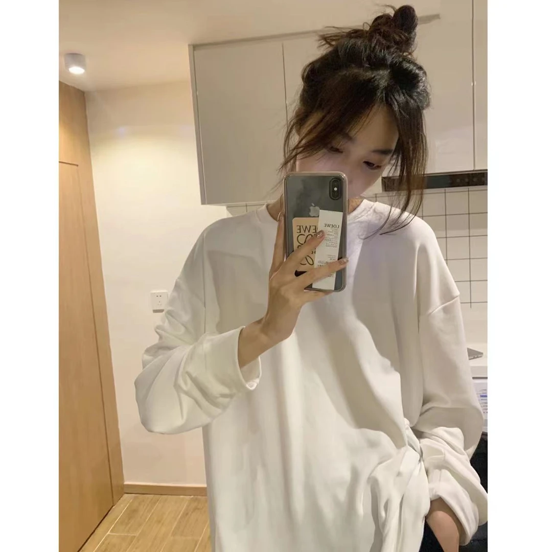 徐秋阳 小白长袖 百搭简约圆领套头纯色上衣6570