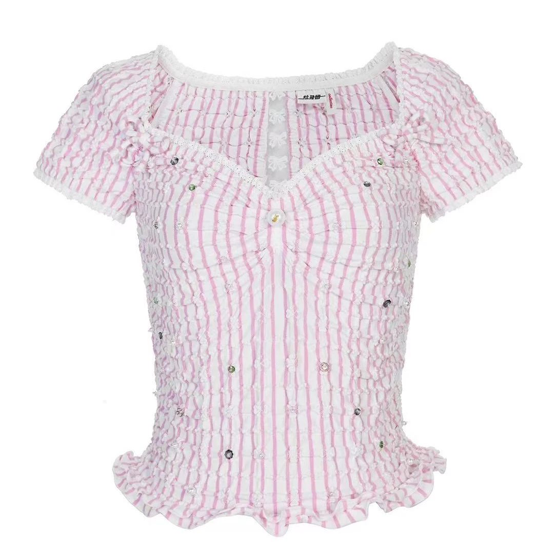 LeFame/拉飞姆2025夏条纹钉珠针织上衣LF25X11ST031镂空修身
