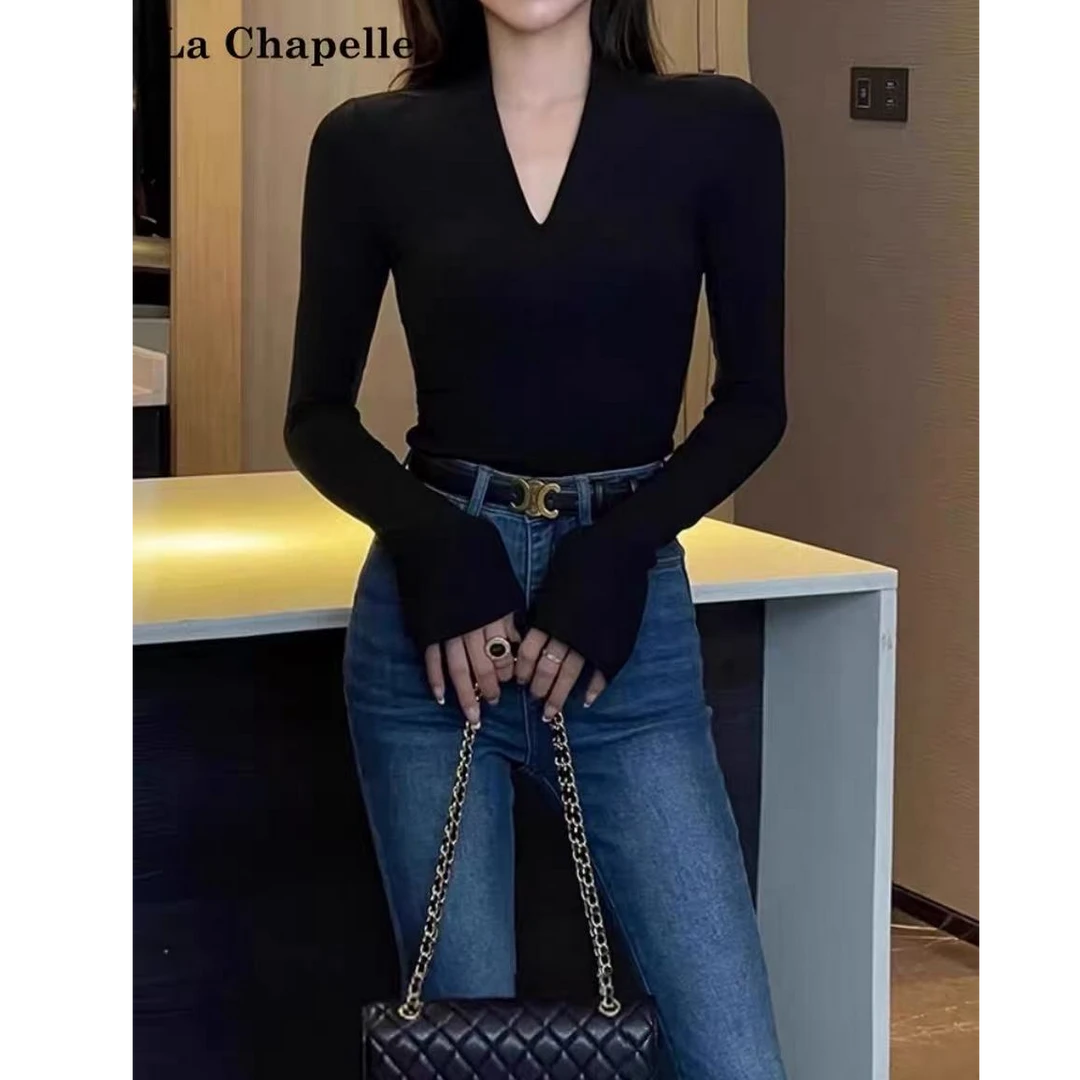 岳岳+新款加绒V领洋气修身高弹软糯内搭气质上衣158