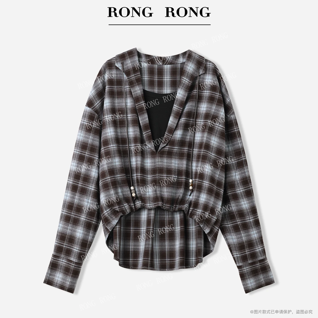 溶溶【暮色蓝格】RONGRONG 莱赛尔混纺色织格纹假两件衬衣RR5752