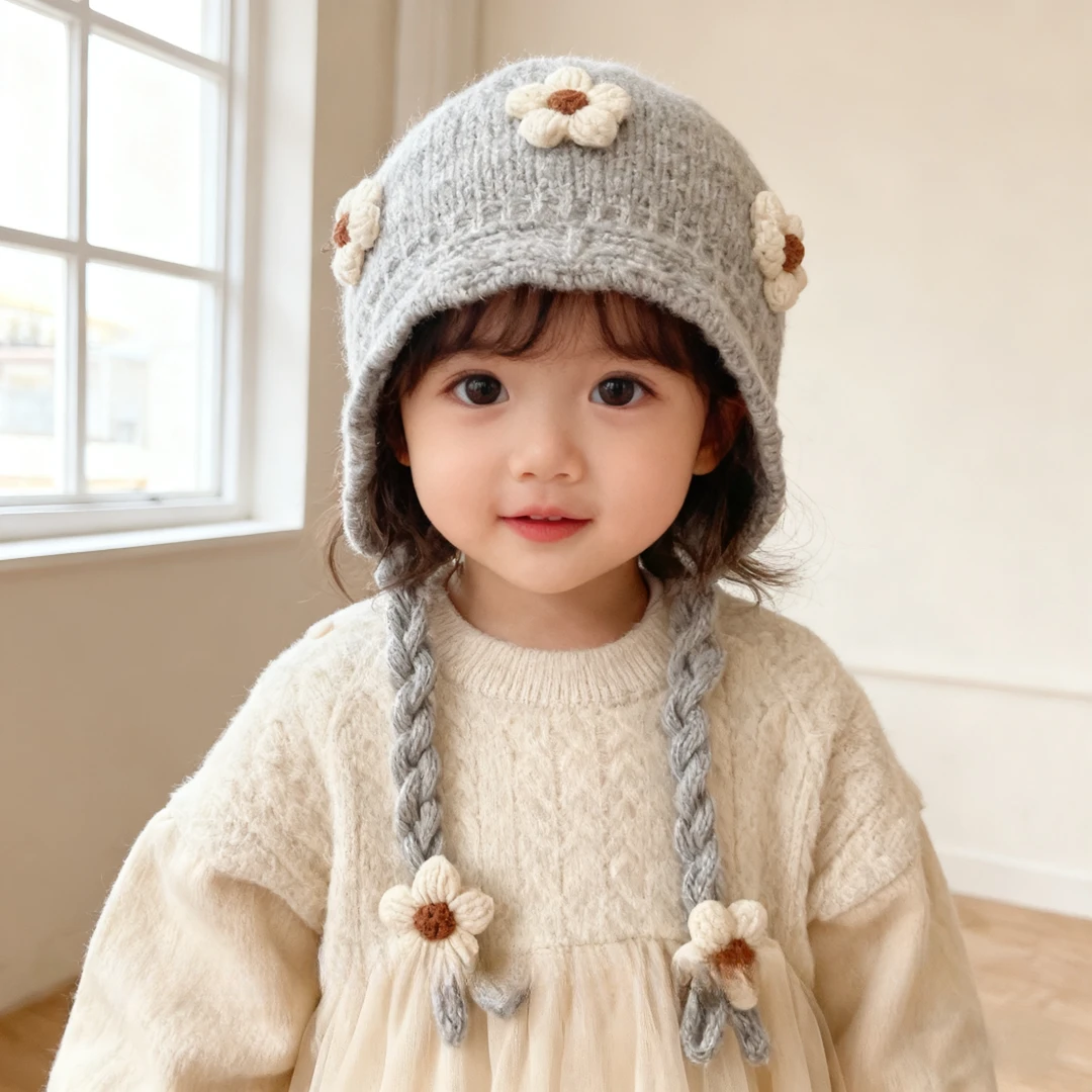 儿童帽子秋冬季保暖加厚防风护耳帽女宝宝韩系花朵防风出游毛线帽