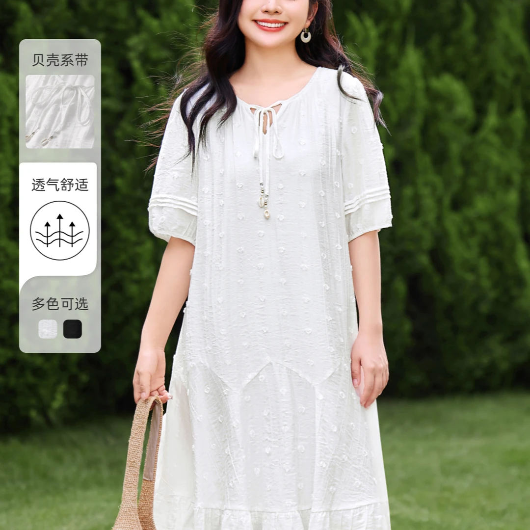 【贝影岚风-凉感人棉】MsShe大码女装夏气质提花连衣裙T~F2505012
