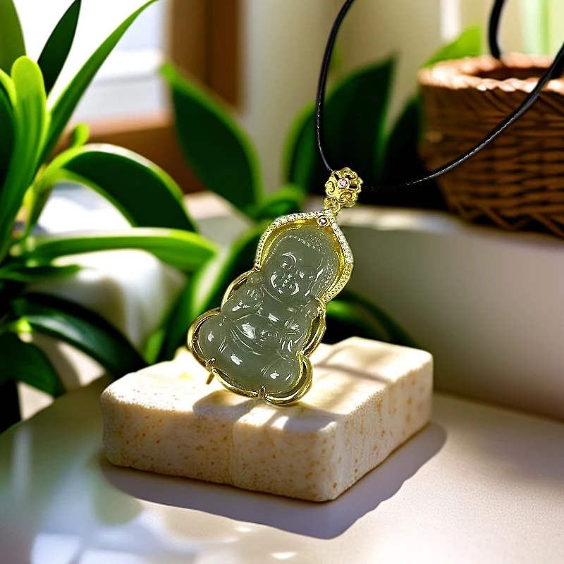 天然和田玉  精品抱抱佛镶嵌吊坠 1243