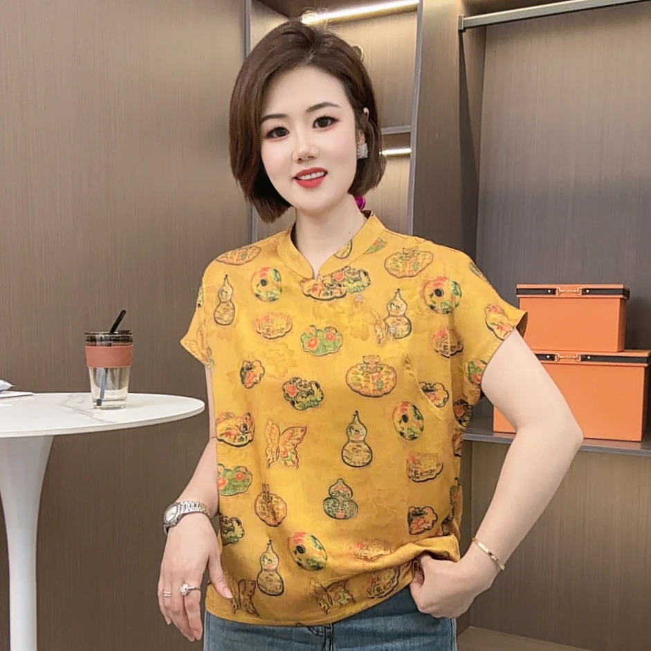 愔衣韵&国风印花斜珠扣中式立领女士夏季蝙蝠袖T恤小衫