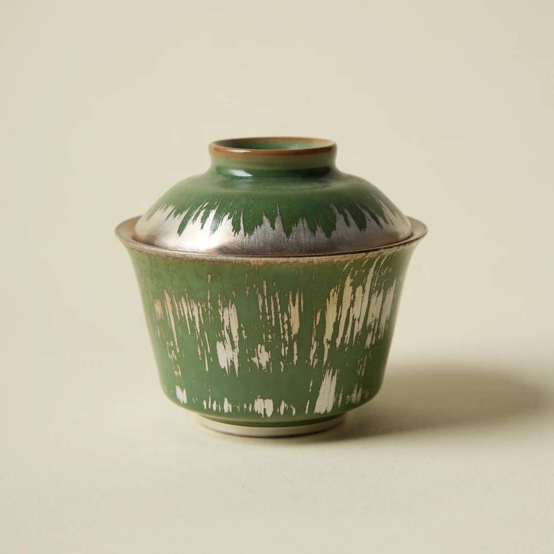 竹林听雨绿色二才盖碗