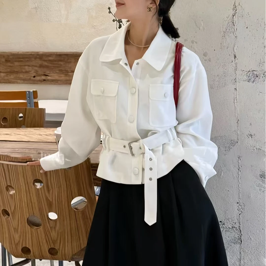 【腰带款】新款时尚翻领腰带包扣百搭洋气宽松短款外套