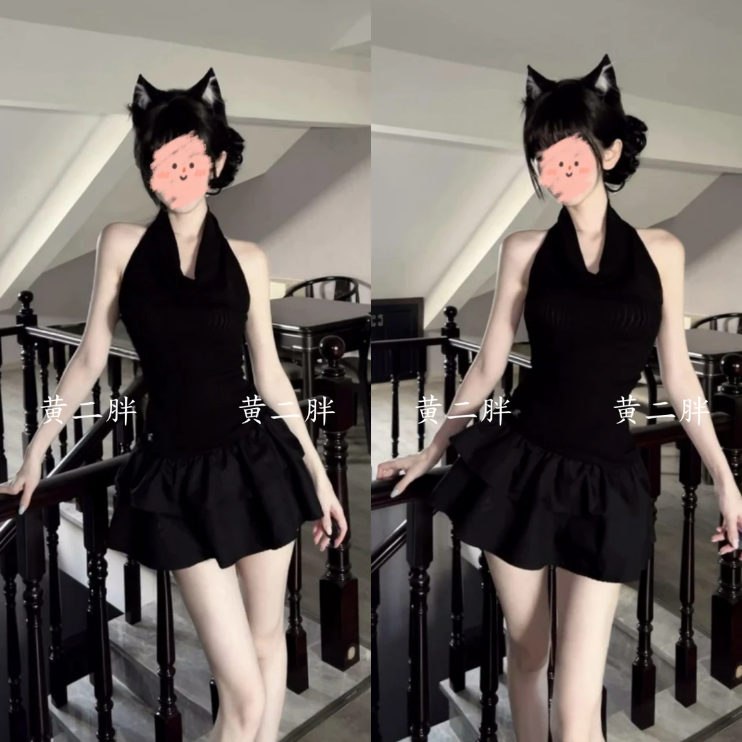 高级感黑色无袖挂脖背心女夏季新款小众辣妹风修身显瘦连衣裙套装