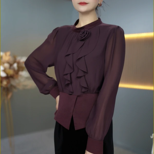 新款轻奢设计感小众时尚气质拼接圆领长袖衬衫百搭0922-1