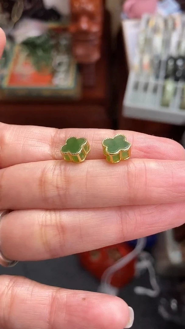 银S925镶嵌和田玉（碧玉）耳饰和田玉碧玉耳饰S925银镶