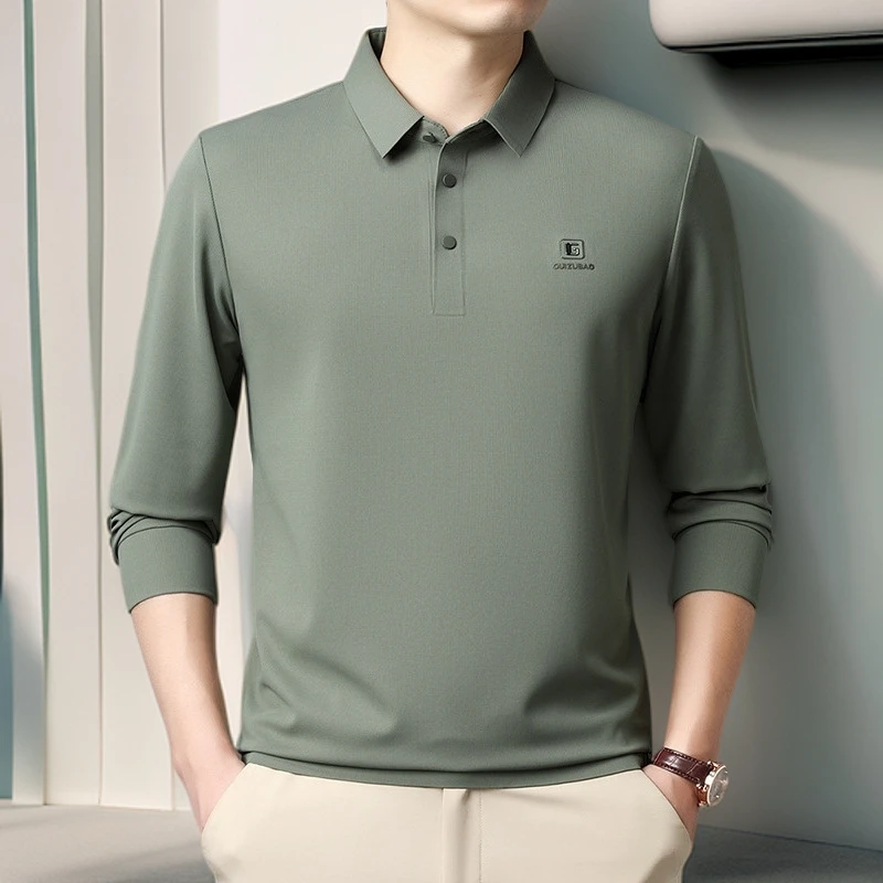 纪诗哲秋季无痕翻领男士POLO衫中青年压花休闲时尚百搭长袖T恤