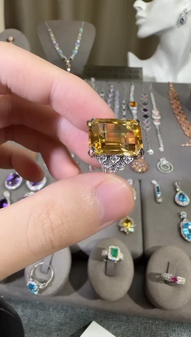 银S925镶嵌戒指黄晶12*16mm戒指无事牌设计款
