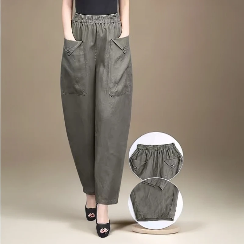 夏季新款垂坠感九分裤女休闲哈伦裤棉麻高腰灯笼裤外穿妈妈裤