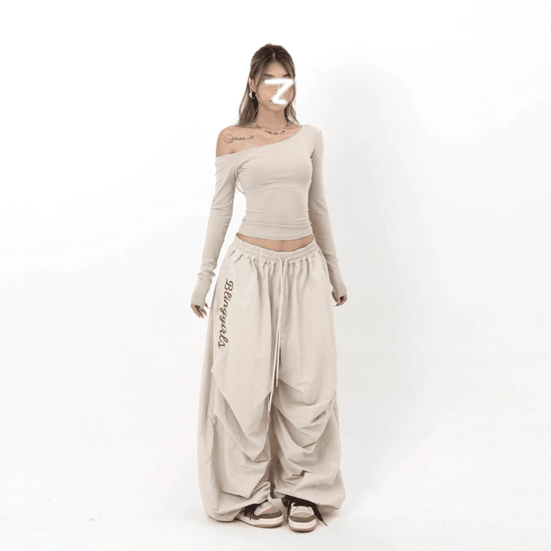 美式辣妹斜肩一字肩长袖T恤+褶皱宽松阔腿工装伞兵裤套装