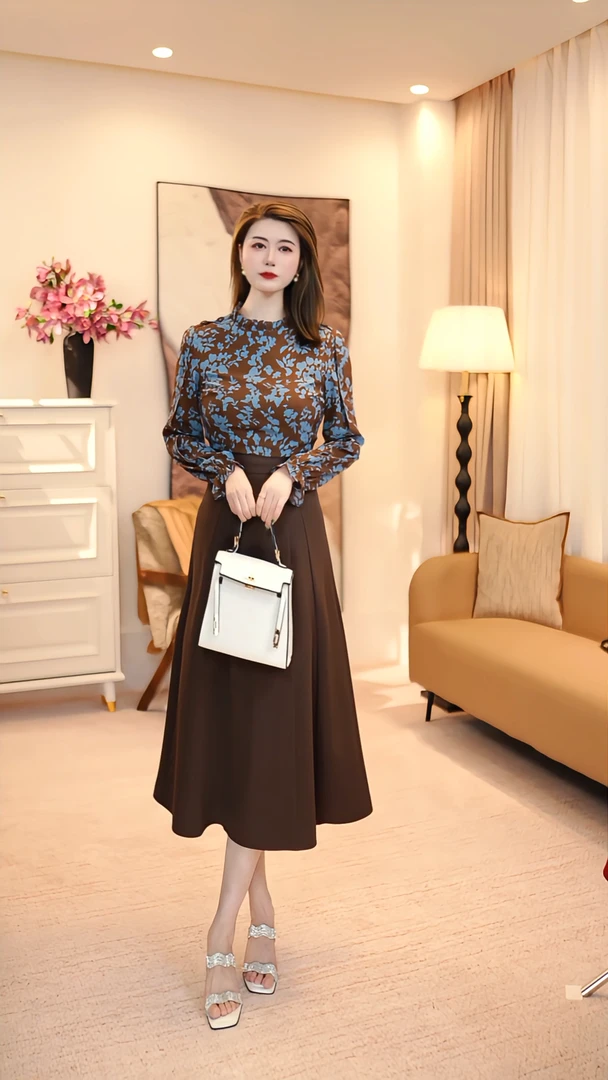 秋季拼接轻职风中长裙长袖连衣裙长裙轻奢百搭 86057