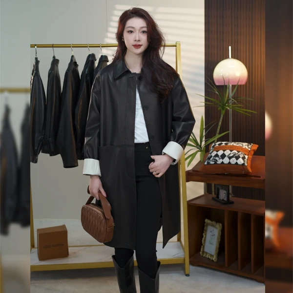 春款高端女神轻奢经典气质时尚皮衣长款百搭外套-2504