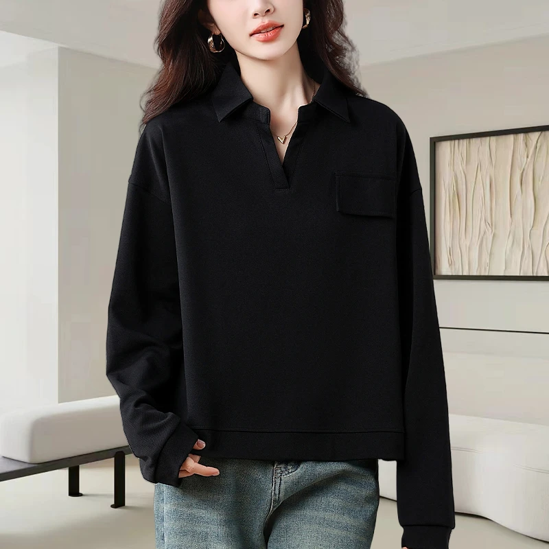 2025秋季新款大码女装宽松遮肚设计感POLO领正肩长袖短款卫衣上衣