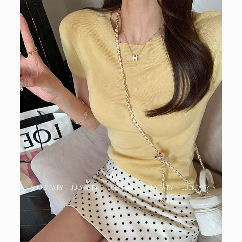 奶黄色针织短袖t恤打底衫女2025年夏季新款女韩系多巴胺穿搭上衣