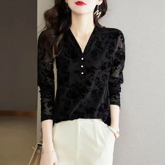 秋季新款t恤显瘦长袖百搭洋气V领打底衫长袖上衣女