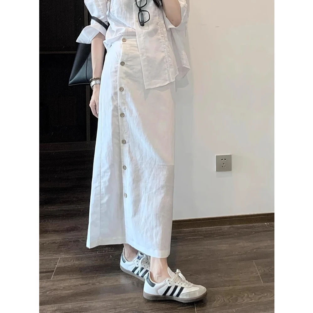 chao级推荐！白色亚麻半身裙女设计感小众侧排扣一片式直筒长裙夏