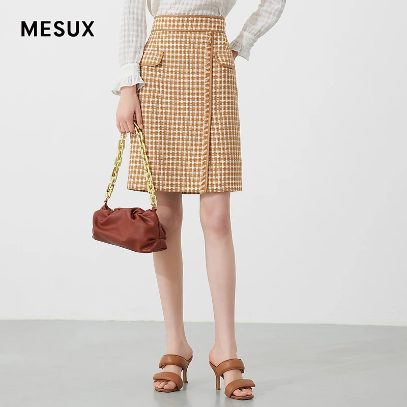 MESUX米岫皮质包边斜开叉半裙MKSUS304