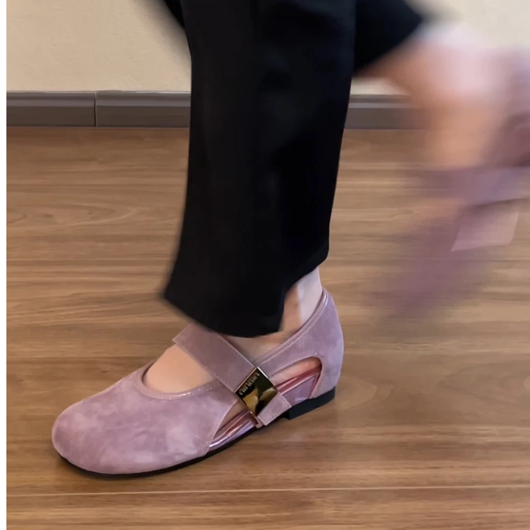 nnmiss·34-40/4cm内增高圆头玛丽珍鞋复古金属扣一字带浅口平底鞋