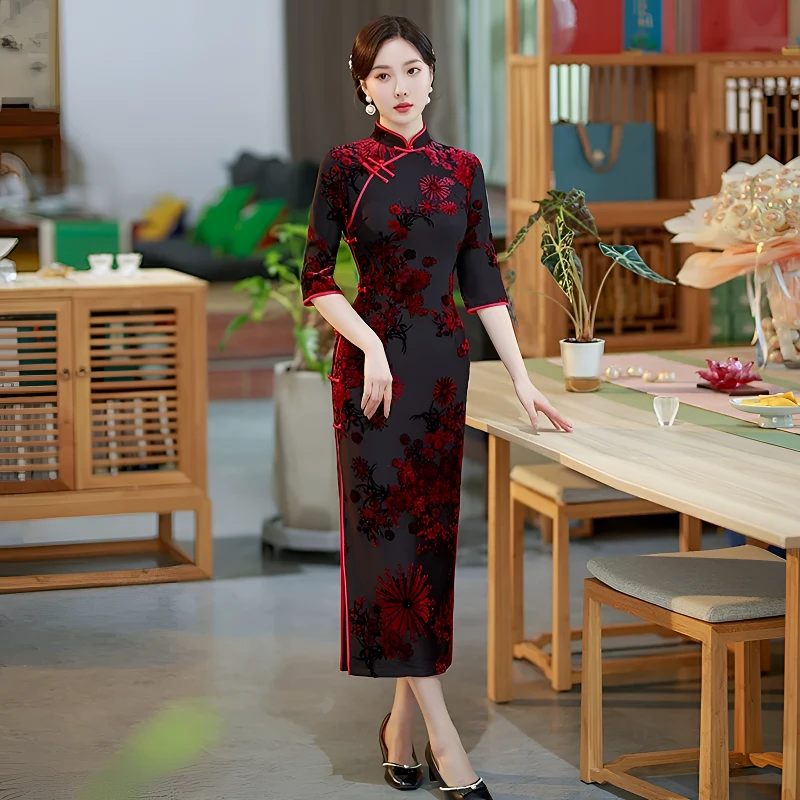 烟花梦 复古日常秋冬长旗袍长袖中国风提花气质时尚常规走秀修身
