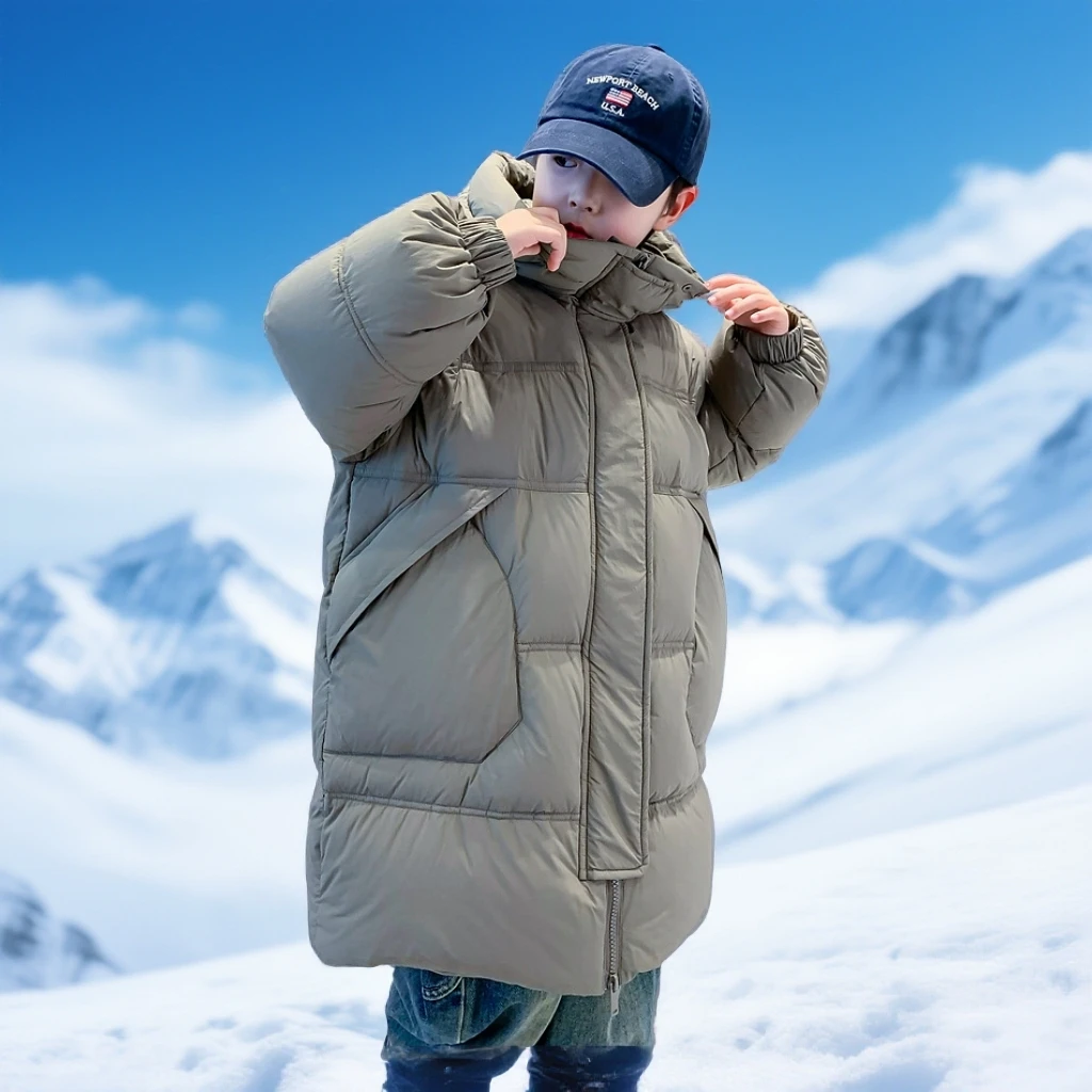 秋冬儿童纯色拉链民族风韩版加厚轻盈长款过膝羽绒服免洗保暖外套