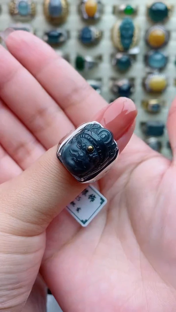 银S925镶嵌戒指翡翠天然翡翠男戒