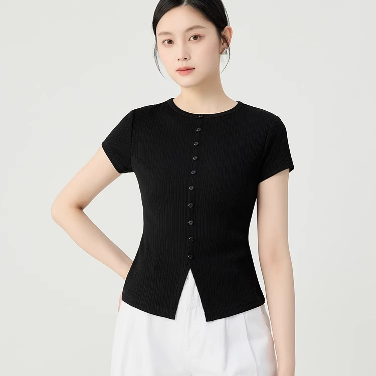 友阿商场玛施嫚2025简约修身百搭前中小开叉设计短袖T恤女 130031