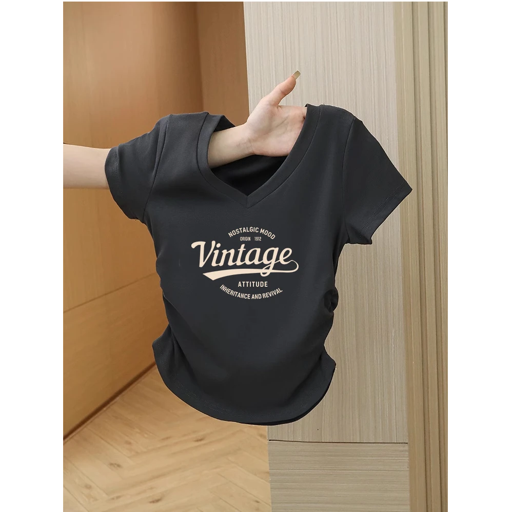 V领正肩纯棉t恤女短袖夏季显瘦设计感抽褶不规则辣妹小个子上衣潮