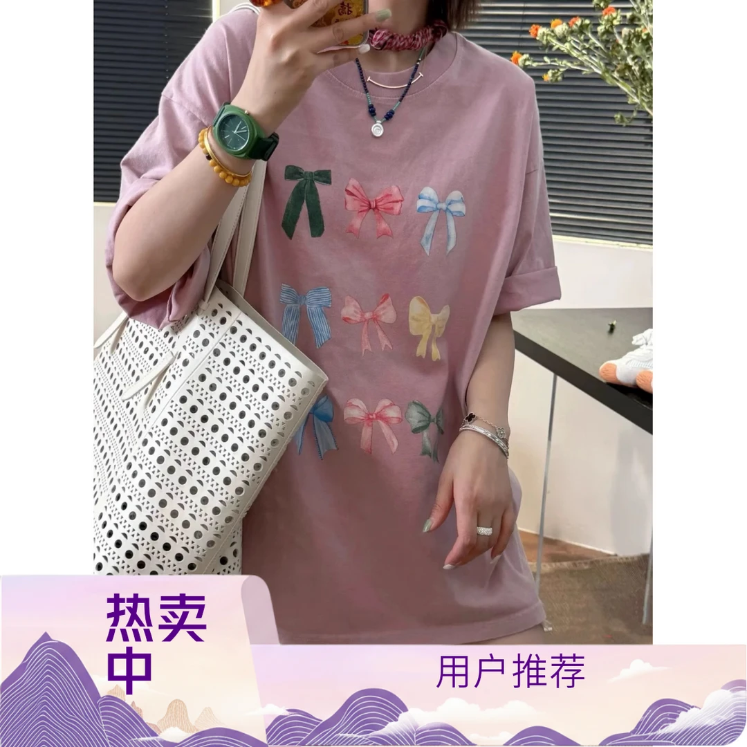 短袖2025夏季新款韩系小众圆领宽松蝴蝶结印花上衣卡通印花T恤