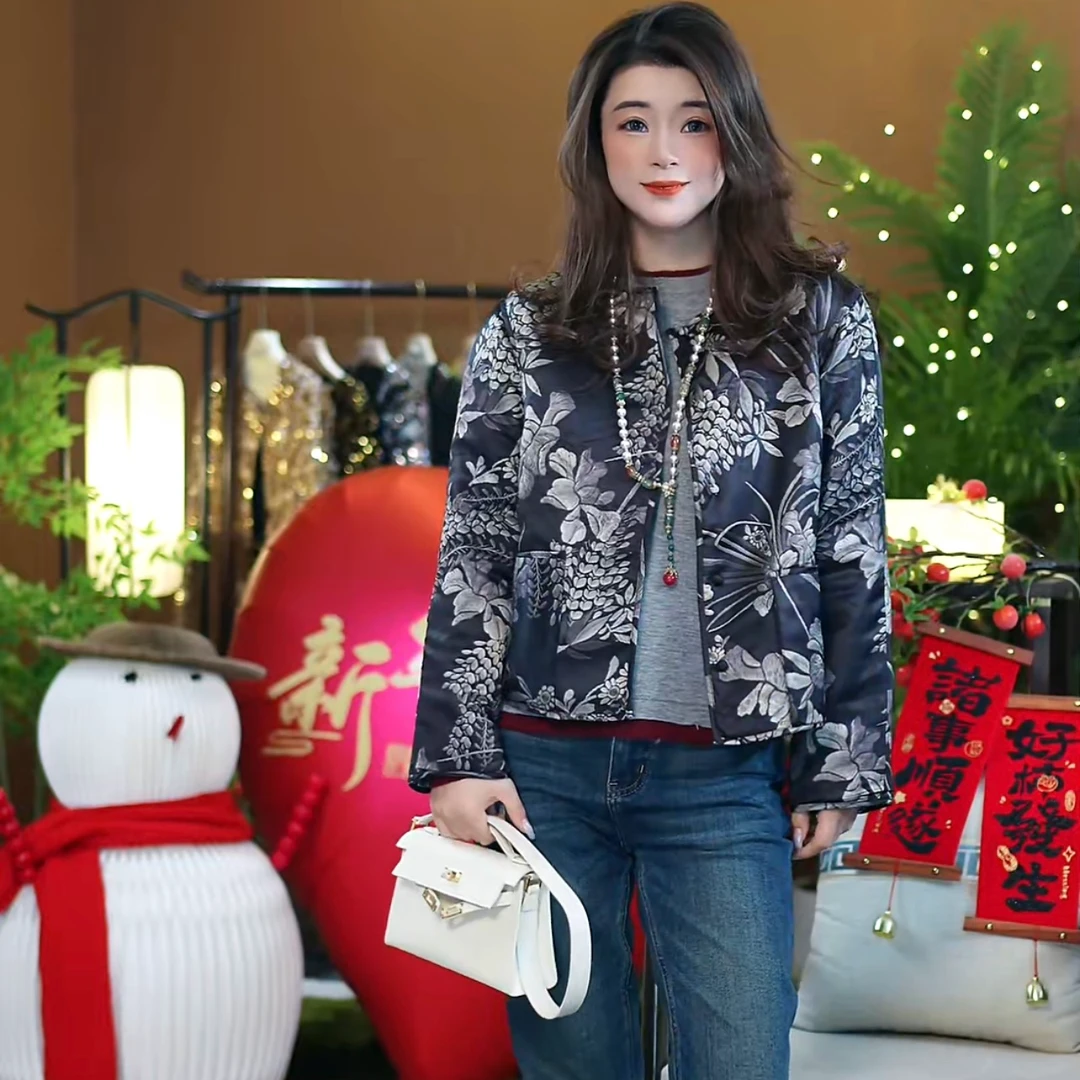 【高雅气质兰花草蚕丝袄】冬日保暖加厚韵味高级外套