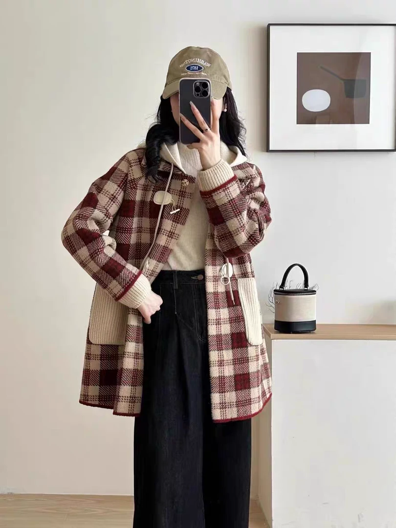 9509新款欧美风中长款格子可脱卸针织连帽外套