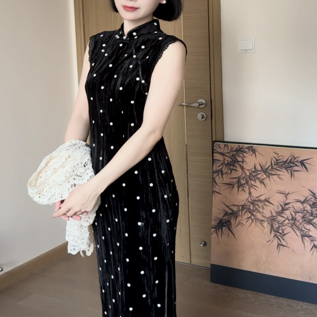 2025中式黑色波点蕾丝复古文艺显瘦旗袍连衣裙女