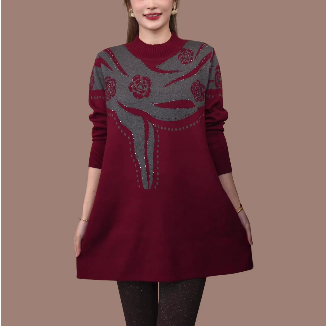 322（暗夜玫瑰红）秋冬中长款百搭提花慵懒风气质针织衫