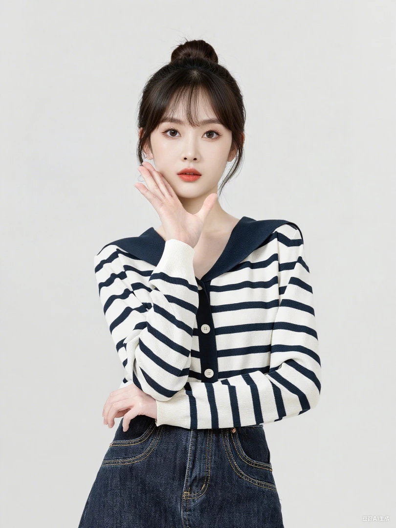 海军领长袖针织开衫女春秋2025新款设计感小众撞色薄款毛衣短上衣