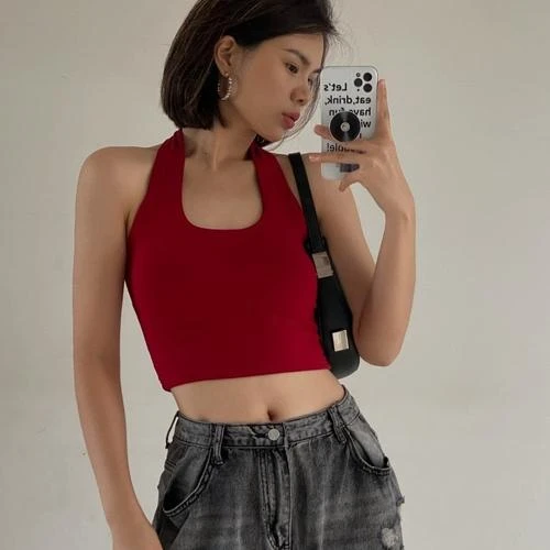 拉夏贝尔绝美纯欲一体式辣妹装挂脖吊带背心夏季外穿紧身短款内搭