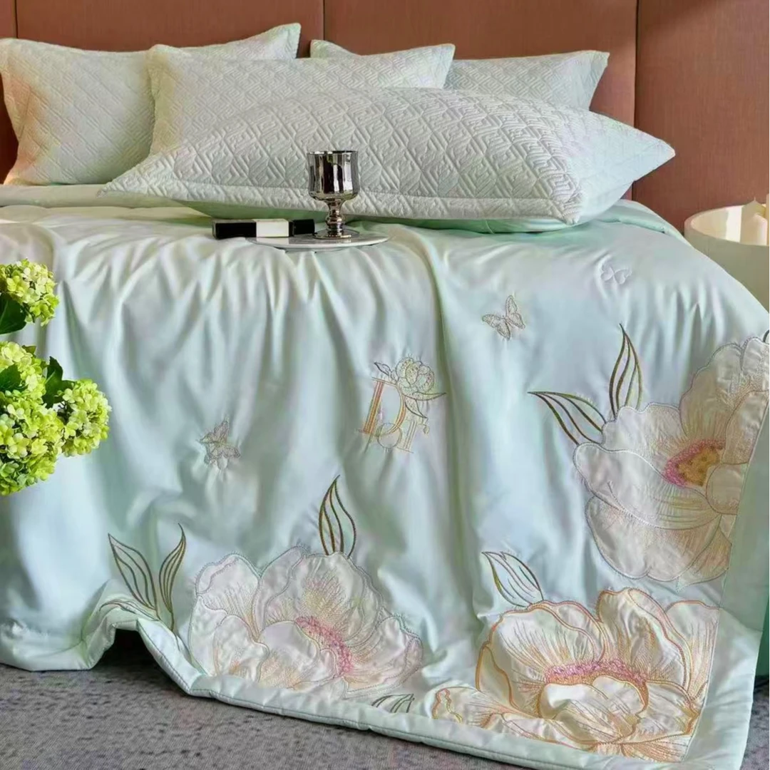 【芙蓉】夏凉被四件套可机洗裸睡凉感空调被子刺绣花夏被四件套