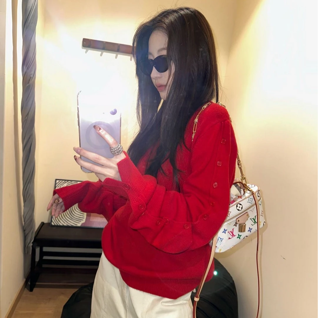 针织常规款长袖秋冬宽松型毛针织衫针织衫套头款韩版显瘦时尚红色