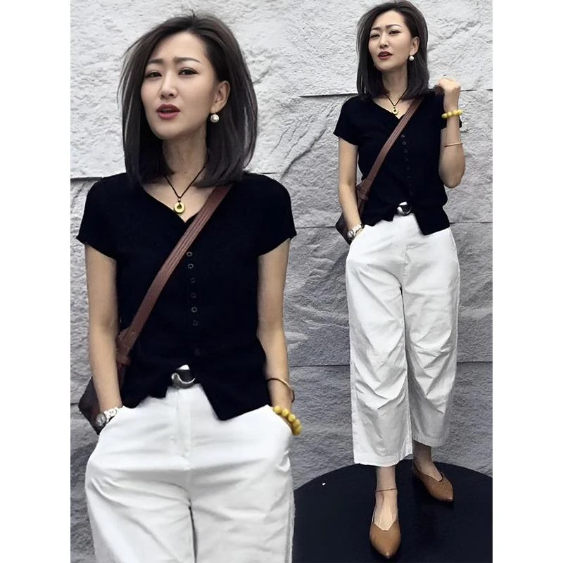 修身宽松气质T恤女装打底衫新款上衣夏季2025短袖褶皱潮短款显瘦