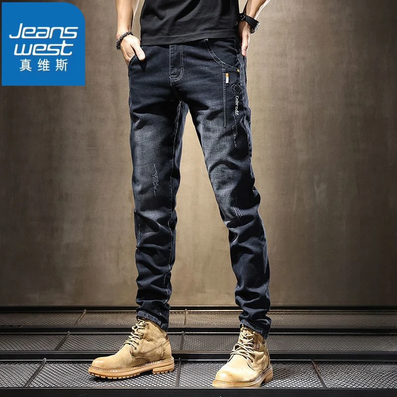 真维斯秋冬新款牛仔裤男士弹力修身小脚舒适百搭休闲刺绣长裤子男