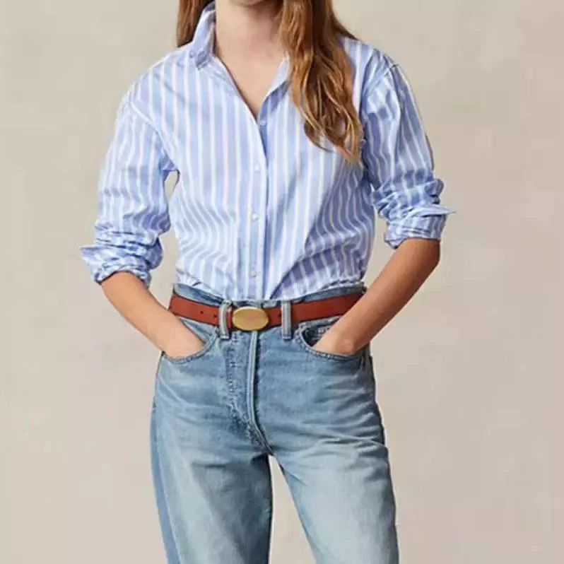 衣长65，【RL】2025新款时尚休闲条纹衬衫上衣蓝白竖条纹G0722-470