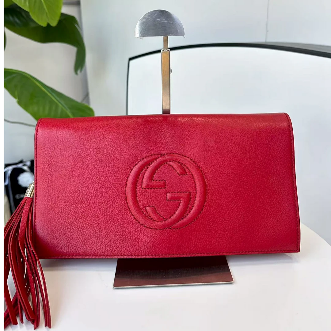99新 GUCCI/古驰 红色流苏双G手拿/手拿时尚女士包