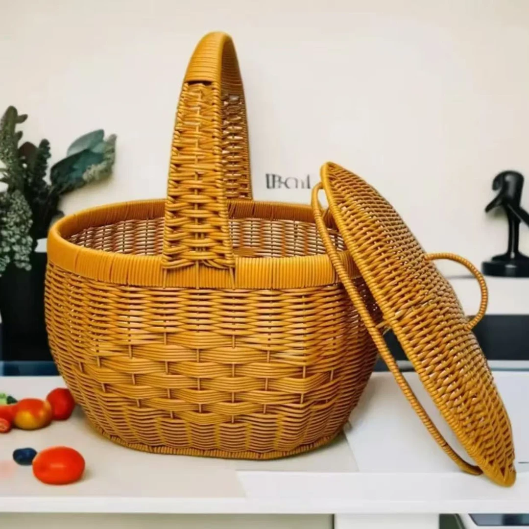 Y77旦形带盖收纳买菜手工编织藤编纯手工菜篮子家用购物篮提篮子