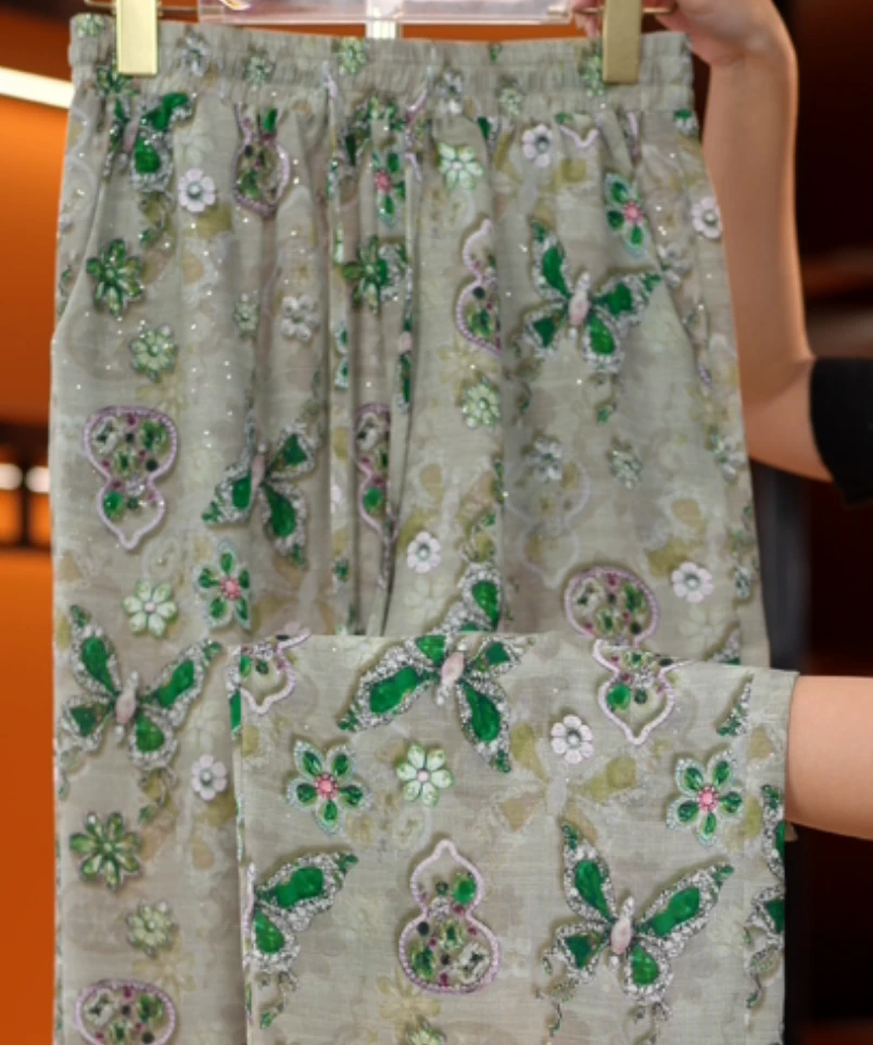 【3D烫花工艺】米兰2025新款高腰垂直冰丝凉感透气阔腿裤c072黛玲